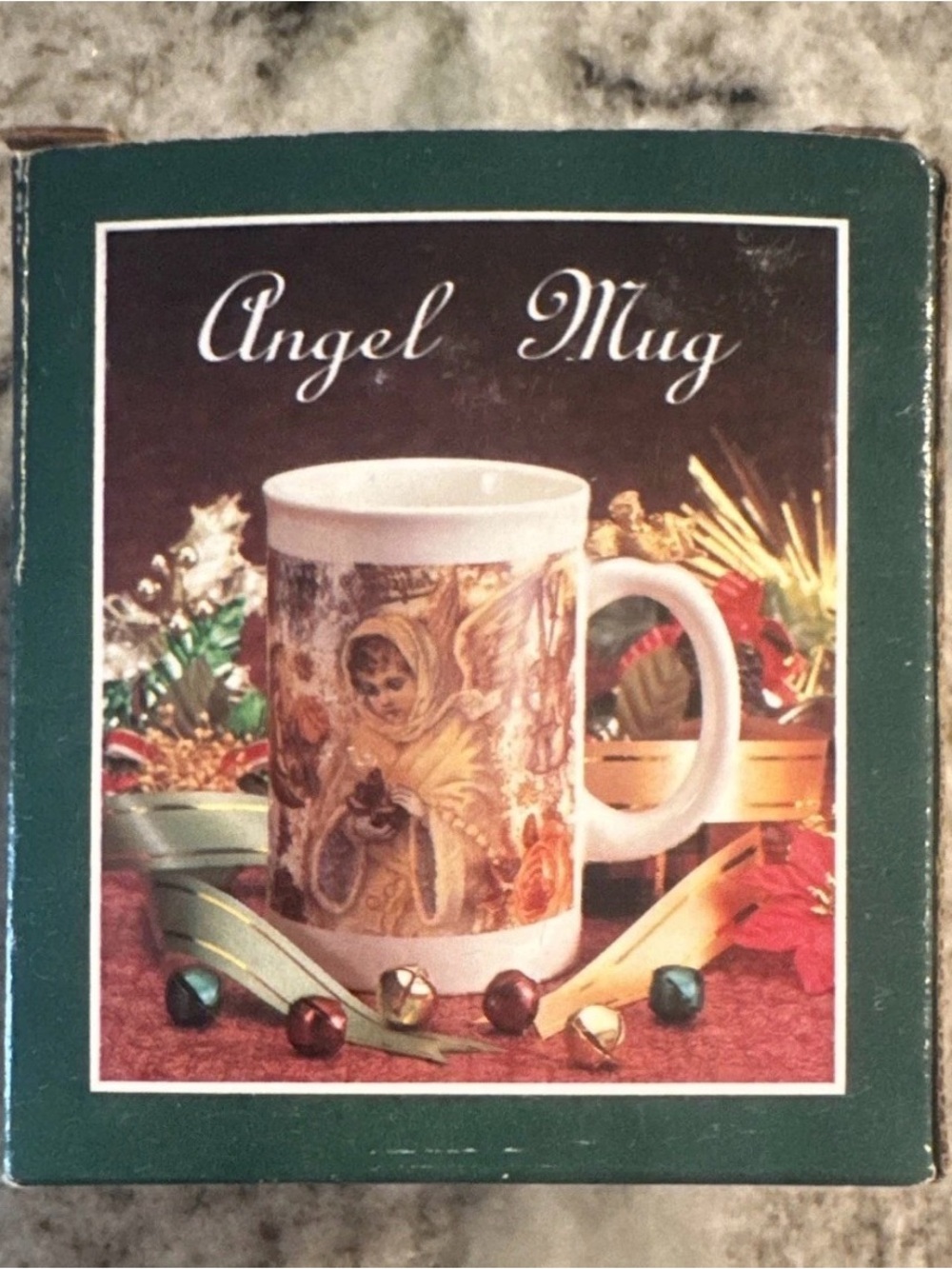 Vintage Angel Mug Ceramic Holiday Coffee Mug - White with Gold and Brown Artwork